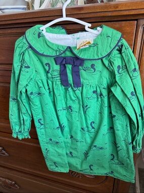 Girls' Green Duck Print TBBC dress  with Navy Trim